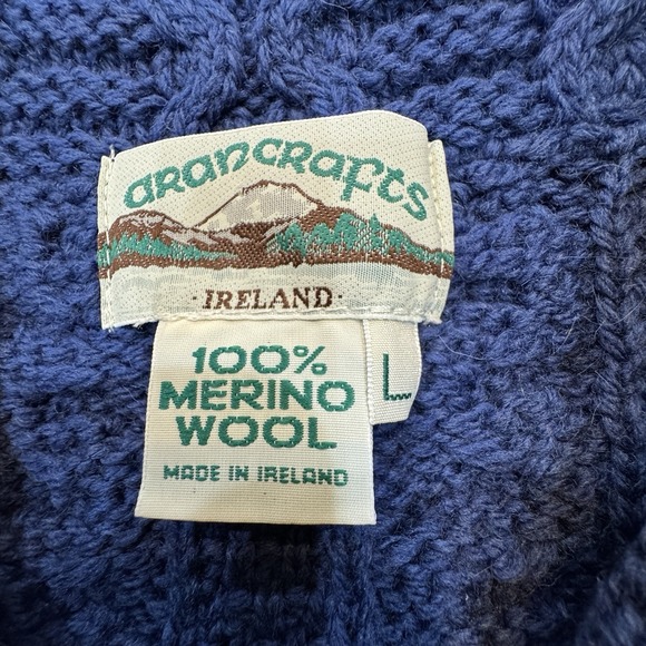 Aran Crafts Sweaters - Vintage Aran Crafts Large 100% Merino Wool Cable Knit Sweater Ireland Blue